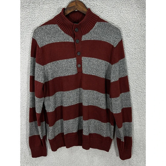 Izod Sweater Mens Large Gray Red Striped 1/4 Button Mock Neck Preppy‎ Grandpa - Picture 1 of 6